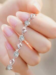 1 pieza Pulsera de corazón romántico de plata de ley S925, brazalete con diseño único con corazón incrustado, versátil para uso diario, regalo pensativo - Amar - Ver 2
