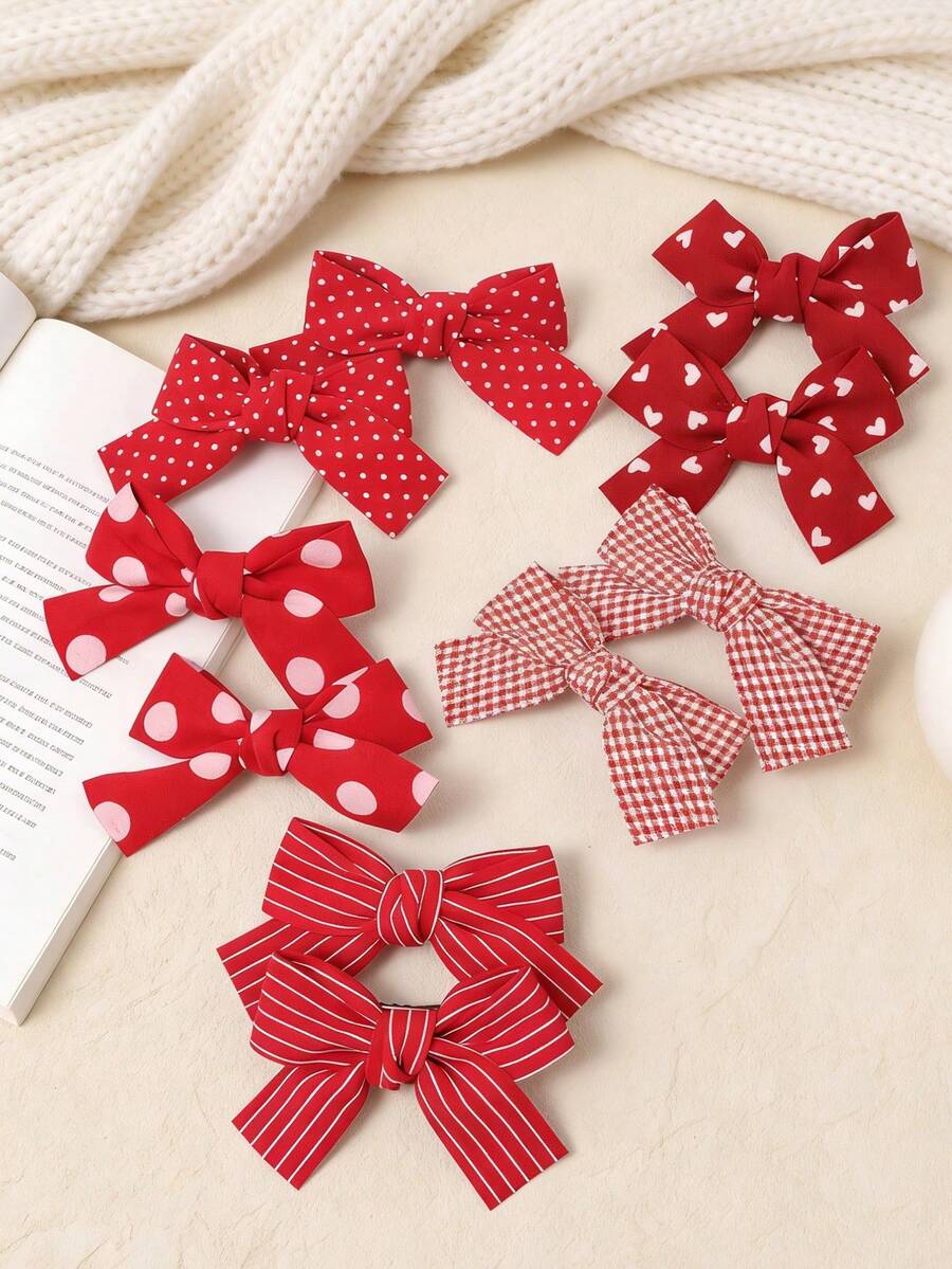 10 Pieces Of Bow Hair Clips For Girls, Sweet Valentine's Day Heart Hair Clips - Multicolor - View 1