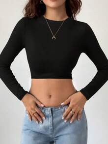 PETITE 女式纯色休闲基础款T恤，女式运动内衣，女式上衣，女装，女式T恤 - 黑色 - 查看 3