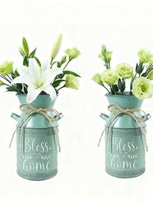 Green Double-Ear Handle Flower Vase, American Country Ins-Style Table Decoration Item, Hemp Rope Tied, Artistic Flower Arrangement, Country Style Living Room Dining Table, Dried Flower Vase, Fresh Flower Bucket, Iron Art Flower Bucket Decoration - 1PC - View 10
