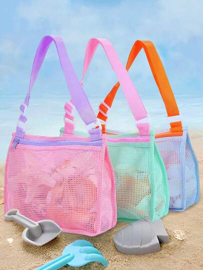Mesh Beach Tote Bag With Zipper And Adjustable Shoulder Strap, Suitable For Collecting Seashells, Beach Toys And Swimming Accessories, Essential For Camping, Beach Trips, Cruise Travel, Great Gift For Boys And Girls (Bag Only, Toys Not Included)
