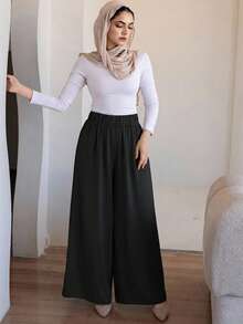 DAZY Women's Solid Color Elastic Waist Wide Leg Pants, Casual Trousers - Black - View 3