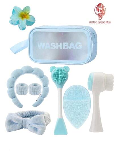 Juegos de limpieza de 1/7/9 piezas, brochas para mascarillas de belleza SPA de limpieza profunda, pasadores para el cabello con flores, diademas suaves, sets de diademas, cepillos exfoliantes suaves, cepillos de doble extremo de silicona, herramientas de cuidado de la piel portátiles multifuncionales (incluyendo una bolsa para el lavado facial), masaje facial y rutinas de belleza diaria, fácil de llevar de viaje