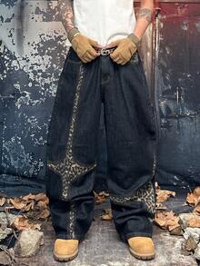 Type Power 1PC Men's Baggy Jeans, Leopard Print Patchwork Retro Washed Wide Leg Streetwear Skate Pants For Daily Wear, Multi Sizes - Black - View 3