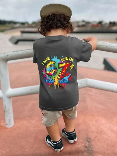 Young Boy Meme Colorful Paint Graphic T-Shirt, Numeric 67 Print Tee, Suitable For Casual, Streetwear, School, Events, Fashionable Boys Summer Top