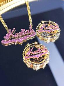 1 Set Bling Name Earrings Necklace: Custom Bamboo Hoops, Personalized Jewelry Set,5cm Earring Necklace Set, Sandblasted Style, Stainless Steel Custom Jewelry, Including Gift Box, As Valentine's Day, Pink Sandblasted - Sand Press Model - 1 - View 3