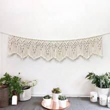 1 pieza Colgante de pared de macramé, tapiz de arte de fibra de estilo bohemio, decoración de pared con flecos, tejido a mano para sala de estar, dormitorio, cabecera - Blanco - Ver 4
