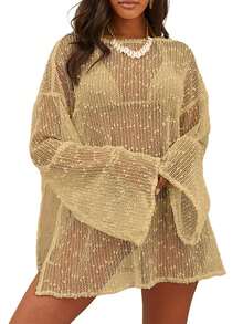 Womens Swimsuit Crochet Cover Up Sexy Boat Neck Bathing Suit Summer Long Sleev Beach Dress Coverup Bikini - Màu Khaki - Xem 1
