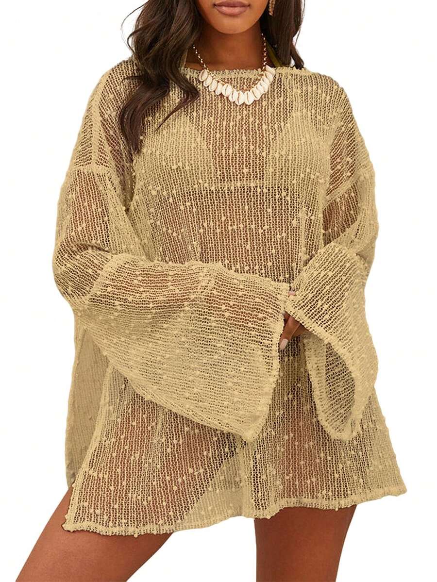 Womens Swimsuit Crochet Cover Up Sexy Boat Neck Bathing Suit Summer Long Sleev Beach Dress Coverup Bikini - Màu Khaki - Xem 1