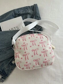 Multi-Pocket Mini Bow Corduroy Portable Commuter Zipper Fashion Casual Versatile Shoulder Bag/Crossbody Bag, Suitable For Women's Daily Use - White - View 4