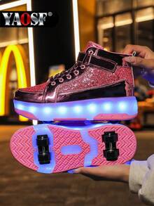 YAOSF 儿童及青少年轮滑鞋 - 升级版，稳定性更强，可拆卸两用运动鞋，街头酷炫轮滑鞋，户外运动夜光鞋，亲子鞋，新款直排轮滑鞋，带轮夜光鞋，夜间照明鞋 - 粉色 - 查看 3