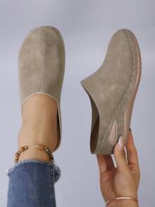Women's New Round Toe Casual Slip-On Wedge Heel Loafers - Khaki - View 3