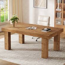 Tribesigns 63-Inch Solid Wood Executive Desk With Sturdy Wooden Legs, Farmhouse Home Office Computer Desk, Simple Writing Study Table Business Workstation For Home Office - 棕色 - 查看 3