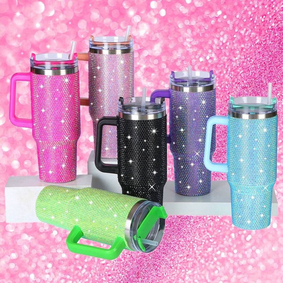 New 40oz Insulated Water Bottle With Handle, Straw, And Lid; Rhinestone-Studded; Stainless Steel; Double-Walled Travel Mug; Can Be Attached To A Car Cup Holder; Suitable For Women; Ideal For Outdoor Camping; Large Size; Makes A Great Holiday Gift For Friends. - 40盎司 - 查看 1