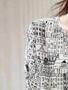 时尚建筑印花蝙蝠袖衬衫，春夏 - 白色 - 查看 3