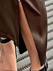 EARO 女士时尚休闲百搭通勤设计不对称拉链装饰拼接弹力腰修身高腰PU皮革经典INS风半身裙，秋冬春季 - 咖色 - 查看 4