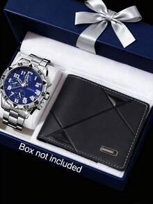 2pcs Luxury Men's Business Watch Set, Black Dial Multi-Function Stainless Steel Quartz Watch With Embossed Black Leather Wallet. The Watch Features An Exquisitely Designed Dial And A High-Quality Steel Strap, While The Wallet Showcases Refined Embossed Craftsmanship. The Overall Style Is Calm And Elegant, Suitable For Wearing With Suits, Daily Commuting, Business Meetings, And Various Other Occasions - Silver - View 2