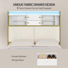 HEXCELEN Headboard With 3-Tier Storage Shelves, Velvet Upholstered Headboard With Outlet, 2 USB Ports & LED Light, Headboards Full Size Bed With Two Fabric Drawers, White And Gold - 白色 - 查看 3
