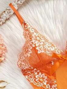两件套撞色花卉蕾丝睡衣套装，V领半透明蝴蝶结连衣裙和内裤，优雅女士睡衣家居服 - 橘色 - 查看 3