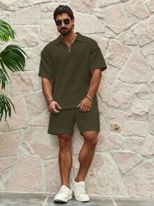 Men's Textured Short-Sleeved T-Shirt And Shorts Set. Two-Piece Summer Set. Casual And Comfortable. Ideal For Vacations. - Dark Green - View 5