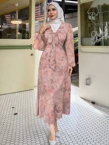 Livesso Women's Ditsy Floral V-Neck Tie Sash Slit Midi Dress, Palace Style,Ruffle,Fall Dress Long Sleeve Dress - Pink - View 3