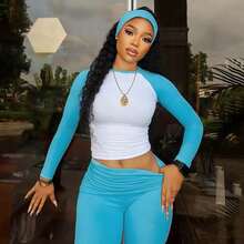 American Casual Sports Suit Basic Contrasting Color Long-Sleeved T-Shirt Waist Trousers Fitness Three-Piece Set, Conjunto De Dos Piezas Mujer - 黑色 - 查看 3