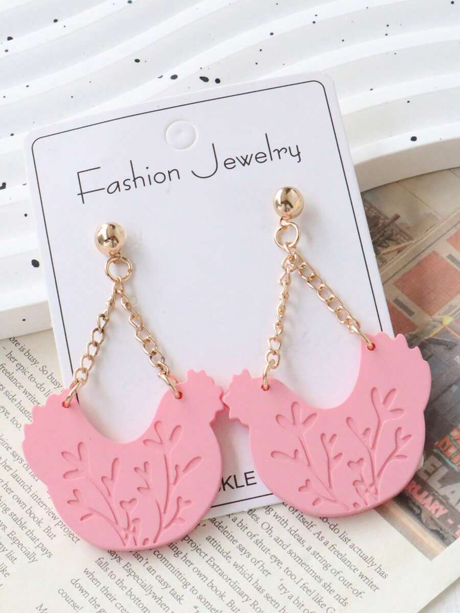 一对粉色珐琅可爱小鸡亚克力耳环，带链条，时尚甜美，节日礼物 - 鏈雞 - 查看 1