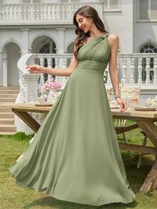 Volly Toych Off-The-Shoulder Ruffle Chiffon Elegant A-Line Formal Bridesmaid Dress, Suitable For Wedding Guests - Matcha - View 5