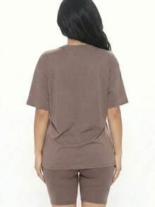 Conjunto de 2 piezas de top holgado y pantalones cortos de motociclista para mujer, cuello redondo, color liso, lavable a máquina, cómodo y básico para estar en casa en verano, primavera y otoño. - Gris pardo - Ver 3