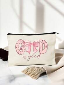 1pc Personalized "GOOD" Gold Foil Print Canvas Cosmetic Bag, Featuring "GOOD" Print Design To Encourage Yourself And Friends, Simple And Fashionable Design, Zipper Closure, Foldable, Lightweight And Durable, Fade-Resistant, Machine Washable, Ideal As Bridesmaid, Teacher And Best Friend Gift, Also A Must-Have Travel Organizer For Back To School And Summer Beach Trips. - Multicolor - View 8