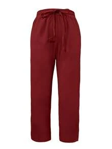 Pantalones casuales de mujer Jisfaneya de unicolor con cintura con cordón y bolsillos - Burdeos - Ver 2