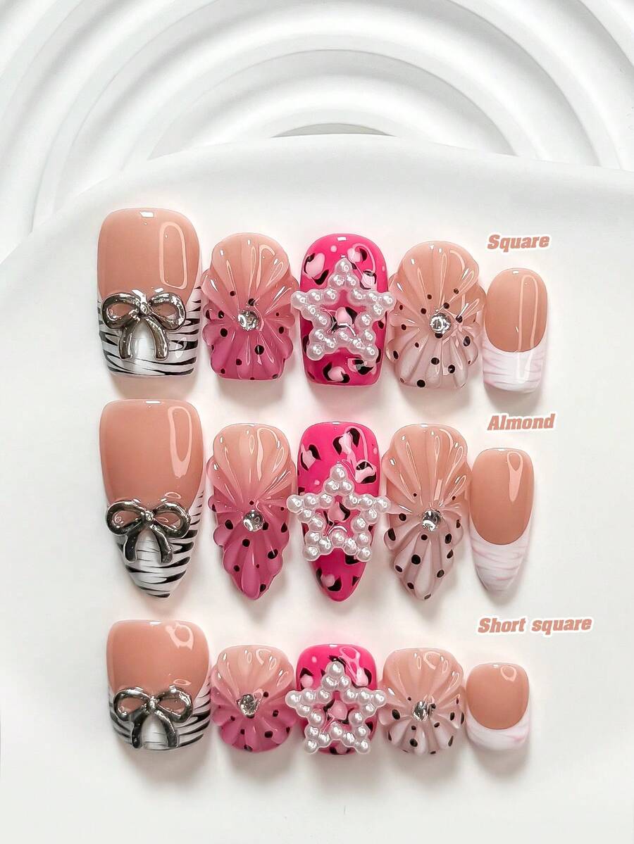 10件套法式亚克力美甲套装，包含亚克力美甲贴纸、白色镂空星星、银色蝴蝶结美甲装饰、手绘纯色波浪纹、黑色树枝图案、粉白指甲油，适合作为送给女性和女孩的美甲礼物，配有美甲工具（1个果冻贴纸+1个指甲锉），三种尺寸：方形、杏仁形、短方形，手工制作的按压式美甲贴片。 - 彩色 - 查看 1