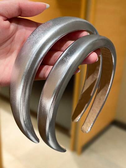 2pcs/1pc Women Silver PU Leather Headband, Fashion Versatile, Women Hair Accessories, Suitable For Casual, Shopping, Party, Date Wear, Women Accessories, Gift