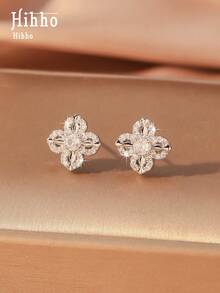 Hihho 一对时尚铜质立方氧化锆四叶草樱花耳钉，优雅简约女士耳环 - 四葉草 - 查看 10