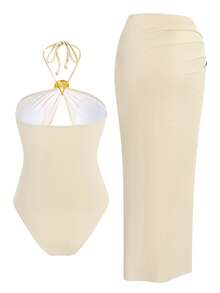 Bộ đồ bơi liền thân sang trọng mùa hè 2026 dành cho nữ, màu trơn, kiểu dáng gợi cảm, khoét sâu, gồm hai mảnh, bikini họa tiết vỏ sò và chân váy xẻ cao, thích hợp cho kỳ nghỉ dưỡng. - Màu be - Xem 7