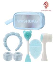 1/7/9件套洁面套装，深层清洁美容SPA面膜刷，花朵发夹，柔软发带，发带套装，温和去角质刷，硅胶双头刷，多功能便携式护肤工具（含洗脸袋），面部按摩及日常美容程序，旅行必备 - 藍色均碼 - 查看 16