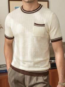 LOOKUN 新款春夏宽松 Polo 领短袖针织衫，藏蓝色，休闲简约纹理日常百搭上衣 - 杏色 - 查看 1