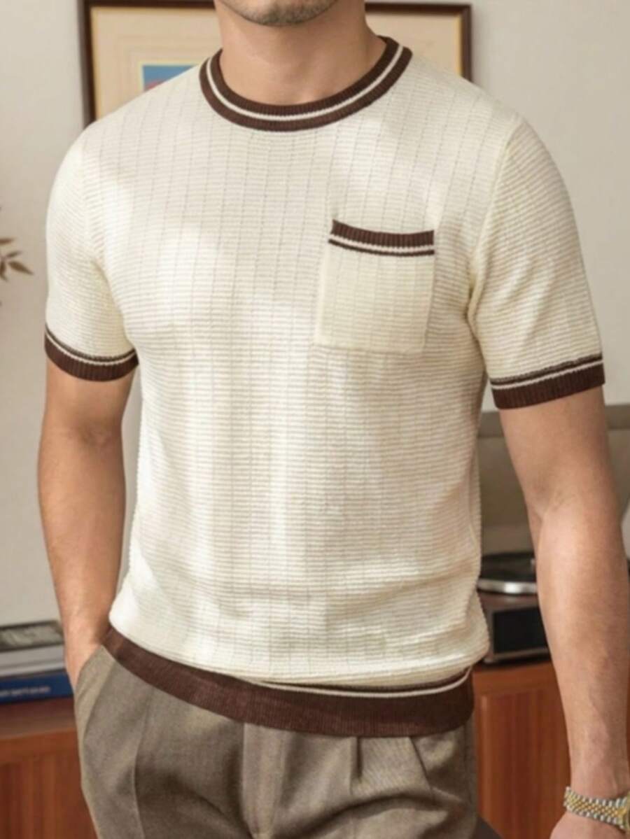 LOOKUN 新款春夏宽松 Polo 领短袖针织衫，藏蓝色，休闲简约纹理日常百搭上衣 - 杏色 - 查看 1