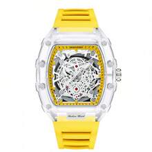 KIMSDUN Transparent Barrel‑Shape Watch For Men| Luminous Date Display & 30M Water‑Resistant Silicone Strap Quartz Watch - Transparent Red Face - Red Ribbon - View 10