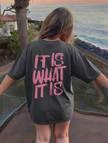1pc Girls Casual Round Neck Short Sleeve T-Shirt With Colorful English Letter Print, Brings Joy And Happiness To Every Child, Summer Student Wear - Dark Grey - View 1