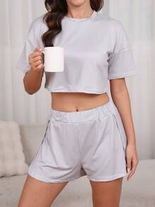 2pcs Women Striped Crew Neck Long Sleeve Shorts Pajama Set - Light Grey - View 5
