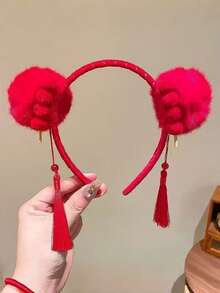 1pc Girl's Chinese New Year Headband, Hanfu Festive New Year Bowknot Hairband, Chinese Red Hair Clip, Traditional Costume Hair Accessory With Tassel - Multicolor - View 3