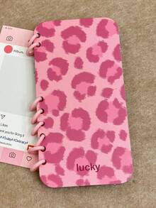 Personalisierter Flip-Notizbuch-Design Schwarze Tintenfarbspritzer Handyhülle kompatibel mit iPhone 16, 13, 14, 15, 16 Pro Max - rosa Leopardenmuster - Übersicht 2