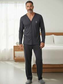 Men's Open Button Pajamas With Long Sleeves And Long Pants For Winter Post-Surgical Use In Knit Fabric - Grey - View 1