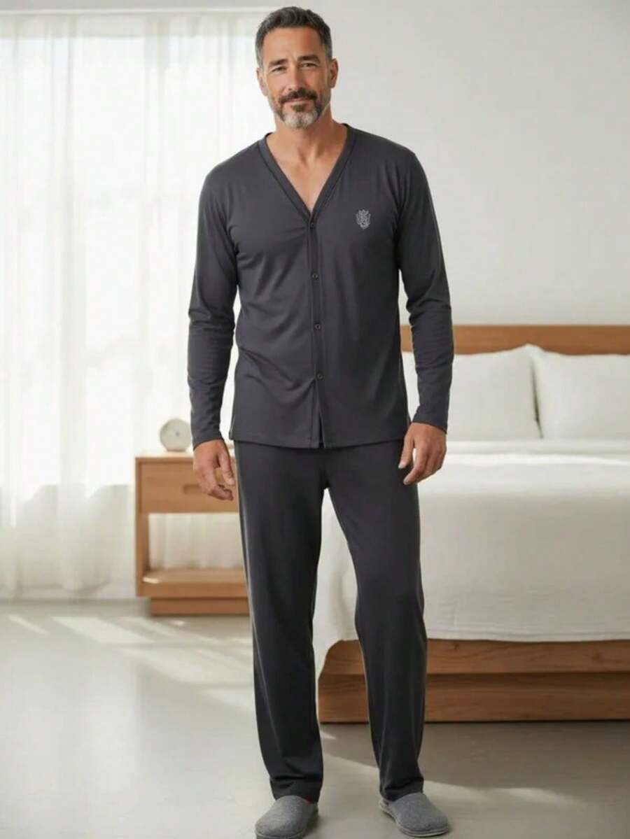 Men's Open Button Pajamas With Long Sleeves And Long Pants For Winter Post-Surgical Use In Knit Fabric - Grey - View 1