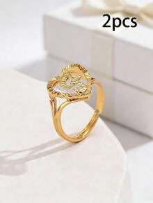 2pcs Elegant Hollow Heart & Letter Adjustable Rings, Fashionable Jewelry Gifts Suitable For Women, Girlfriends, Wives, Mothers, Families And Friends On Birthdays, Anniversaries And Other Occasions - Yellow Gold - View 26