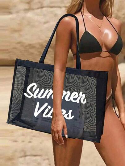 Beach Pattern Letter Printed Mesh Bag , Vacation Beach Bag , Storage Bag , Toiletry Bag, High-Capacity Handbag, Girl'S Gift , Mother'S Day Gift,Lightweight Foldable Storage Bag , Suitable For Personal Travel Cosmetics Storage, Travel Bag Toiletry Bag, Birthday, Travel Makeup Tools, Teacher'S Gift, Lover'S Gift, Birthday Gift, Travel Essentials, Dormitory Essentials, Meeting Daily Travel Needs,Summer Beach Essential Bag