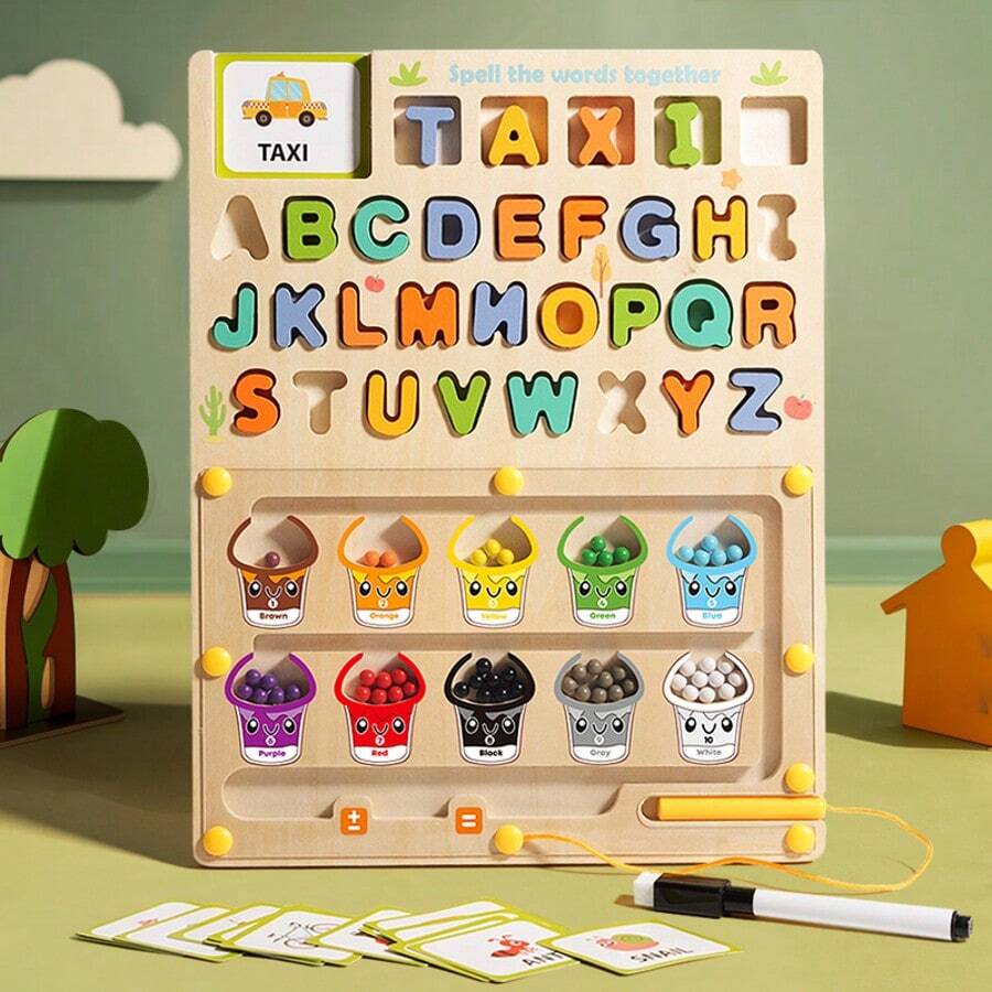 5-In-1 Magnetic Spelling Word Drawing Board, Colorful Numeric Maze, Activity Counter, Color Sorting, Fine Motor Skills Learning Toy With White Drawing Board, English Cognition Cards, Suitable For Boys And Girls Birthday Gift