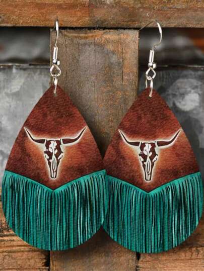 1 par moderiktiga kreativa västerländska örhängen med vattendroppe i kohuvud med tofstryck i läder, vintage chica PU-läderörhängen för kvinnor