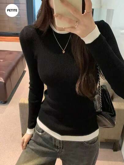 Contrast Color Round Neck 2 In 1 Knit Sweater, Slim Fit Layering Top For Women, Spring